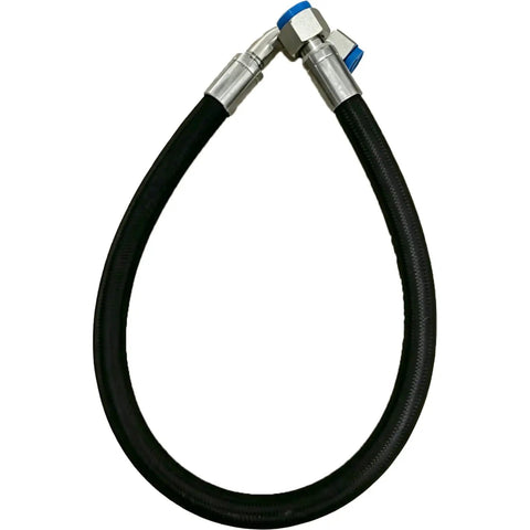 Heavy Duty Replacement Screw Air Compressor Hose Built Tough As Nails With Durable High Pressure Pneumatic Tubing For Professional Garage Shop Equipment Part 19002880, curved black hose with metal fittings.