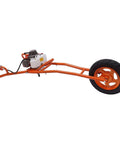 Gas-powered earth auger side view on orange frame with single wheel and white fuel tank