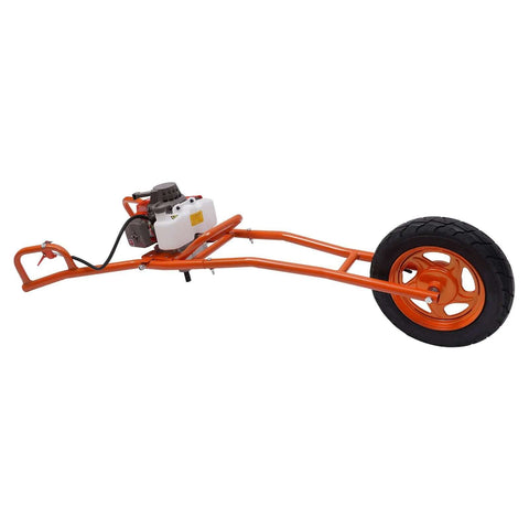 Gas-powered earth auger side view on orange frame with single wheel and white fuel tank