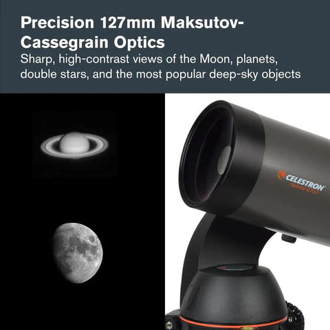 NexStar 127SLT Computerized Telescope with SkyAlign Auto Finder, showing Maksutov-Cassegrain optics and celestial images