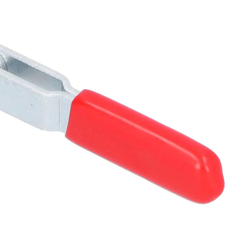 Close-up of Heavy Duty Toggle Clamps For Welding Woodworking Sheet Metal Work Holding Fixture, showing red plastic handle.