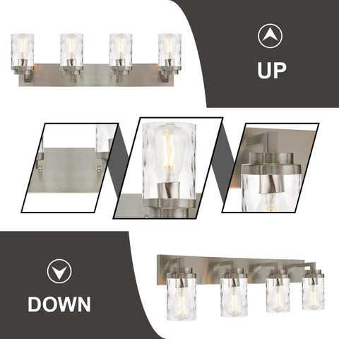 4-Light Vanity Light Fixture In Satin Nickel With Hammered Glass Shades For Over Mirror Wall Mount Indoor Lighting details