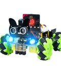 Keyestudio Microbit V2 robot car 4WD Mecanum robotics kit with bright green wheels and LEDs