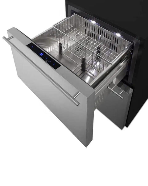 Tough As Nails 24 Inch Dual Drawer Outdoor Freezer With Sleek Stainless Steel Construction, top drawer open showing stainless bin.