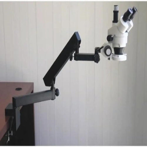 Professional Trinocular Stereo Zoom Microscope With Long Working Distance For Precision Inspection Of Circuits And Dental Appliances Includes 10x Wide Field Eyepieces For Clear Comfortable Viewing on black articulating arm stand