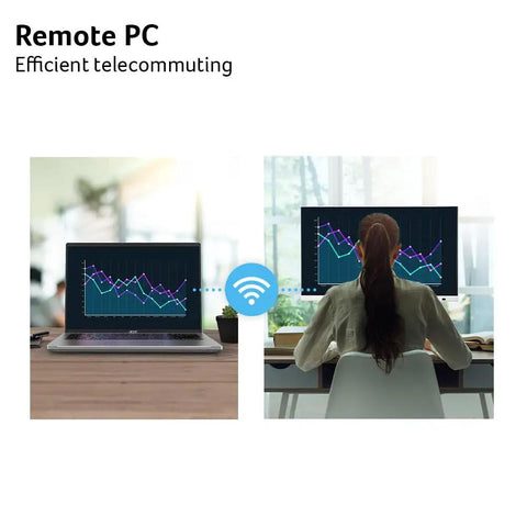 27 Inch Smart Monitor With WebOS For Streaming TV And Gaming Bluetooth Wireless Projection Screen Mirroring IoT Hub For Smart Home Height Adjustable Stand With Swivel Tilt And Pivot Dual 3W Speakers sRGB 99 Percent, showing wireless connection between laptop and monitor for efficient telecommuting.