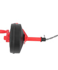 Heavy Duty Manganese Steel Drain Auger 32 Foot Plumbing Snake with red ABS handle and metal cable for unclogging pipes.