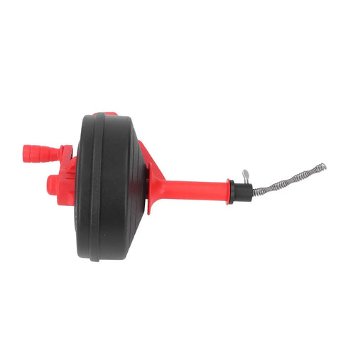 Heavy Duty Manganese Steel Drain Auger 32 Foot Plumbing Snake with red ABS handle and metal cable for unclogging pipes.