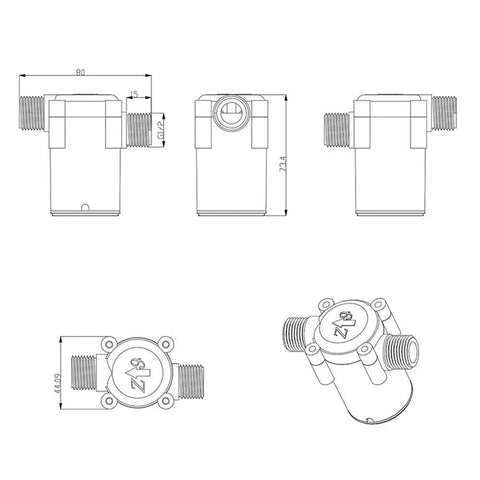 Technical drawing of Compact Micro Water Flow Generator with Display G1/2 Male Thread for DC Charging in RVs