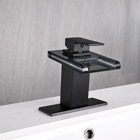 LED Temperature Sensing Slick Matte Black Bathroom Sink Faucet With Open Glass Spout Waterfall Flow Single Hole Mount