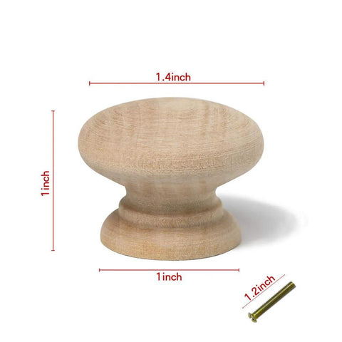 Unfinished Round Wood Drawer Knobs 10 Pack, Mushroom Shape Cabinet Hardware, 36mm Diameter Pull Handles with dimensions and screw
