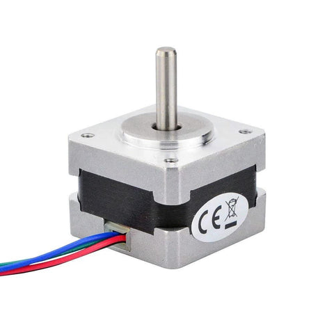 Front view of STEPPERONLINE Nema 14 bipolar stepper motor, 12V, 1.8° step, 4-wire, silver aluminum housing, 35x35x26mm.