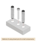 Illustration showing installation of Beefy 5/16 Inch By 1-1/4 Inch Dowel Pins In Heat-Treated Alloy Steel for precise alignment.