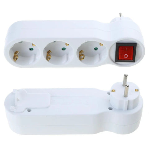 Heavy Duty Eu Standard 3 Way Power Strip Adapter With Two Pin Round Holes Compact White Wall Outlet Converter 250V 16A showing three sockets.