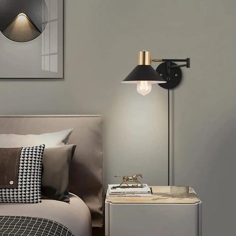 Plug In Wall Sconce With Swing Arm And Dimmer, Black Adjustable E26 Vanity Light for bedroom next to bed, bulb not included