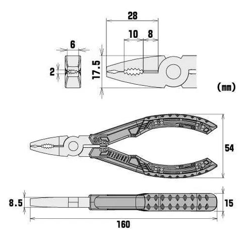 Technical diagram of Stripped Screw Removal Pliers For Damaged Or Rusted Fasteners With Slim Design And No Slip Jaws, PZ-58 model.