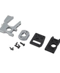 Exploded view of 1/8 scale RC motor base mounting kit: aluminum base plate, black plastic brackets, screws