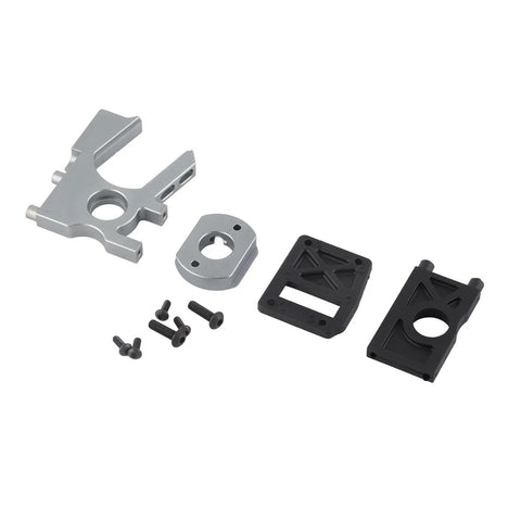 Exploded view of 1/8 scale RC motor base mounting kit: aluminum base plate, black plastic brackets, screws