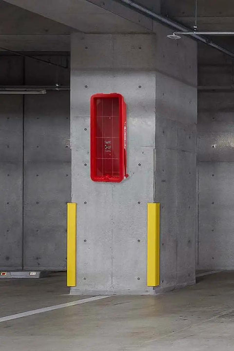 Heavy Duty Outdoor Fire Extinguisher Cabinet Hangs Tough Against Sun And Rain Lock Box Fits Twenty Pound Units Red Wall Mounted Safety Case