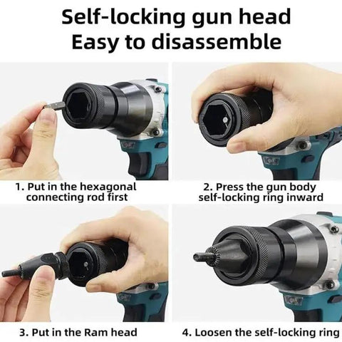 Self-locking gun head assembly steps for No Wire Headaches Just Real Deal Grab And Go Power For M3 To M12 Rivet Nutserts Cordless Electric Rivet Tool.
