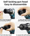 Step-by-step guide on disassembling the self-locking gun head of the Cordless Electric Rivet Nut Plier.