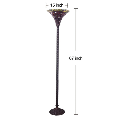 Dragonfly Tiffany Floor Lamp With Stained Glass Lampshade, Bronze Pole, 67 Inch Tall Reading Lamp, shown with dimensions.