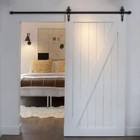 Heavy Duty Sliding Barn Door Kit For Two Doors With 7ft Flat Track Black Powder Coated Carbon Steel Hardware And Nylon Roller Wheels Non Bypass Design For Interior And Exterior Use