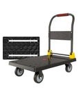 Heavy Duty Multi Purpose Folding Platform Truck Cart With Sturdy Wheels, black flatbed with textured deck and 4" wheels.