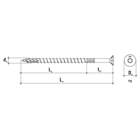 Technical drawing of Torx Wood Screws Set 4.0 X 40 Mm, 400-Piece Wax Coated Fasteners with Torx Drive and Cone Point Design