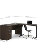 Kick Up Your Office Setup With This Hella Sturdy L Shaped Standing Desk Bundle In Dark Chocolate with dimensions and adjustable height.