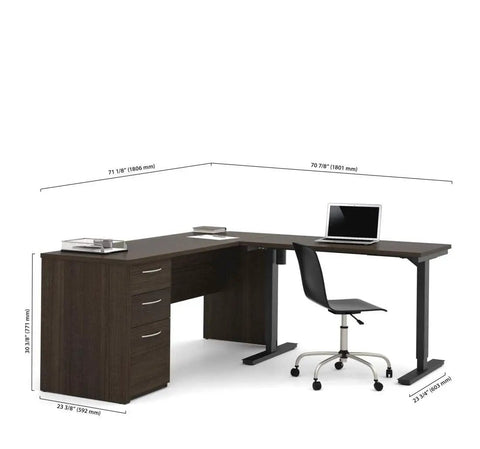Kick Up Your Office Setup With This Hella Sturdy L Shaped Standing Desk Bundle In Dark Chocolate with dimensions and adjustable height.