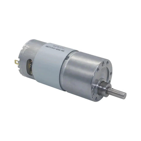Badass Torque Heavy Duty DC 12V And 24V Gear Motor With All Metal Gearbox shown from side angle, featuring silver casing and shaft.