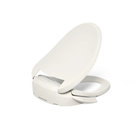 Heated Bidet Toilet Seat With Wireless Remote, Biscuit color, smooth quiet close lid, angled view to highlight features.