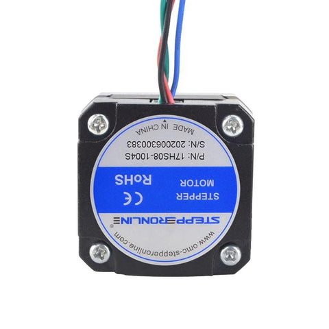 NEMA 17 short-body bipolar stepper motor with black housing, blue round label, and four wires