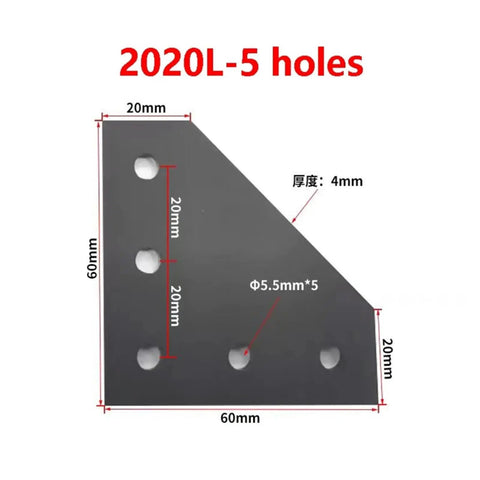 L Shape Outside Joining Plate Bracket 60x60x4mm With 5 Holes For 2020 V-Slot Aluminum Extrusion 90 Degree Corner Connector diagram