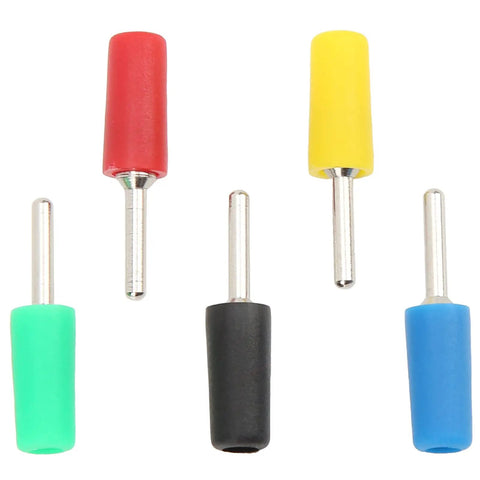 Five assorted colored banana plugs from Ten Piece Straight Banana Plug Connectors Set For Welding Automotive And DIY Projects Pro Grade Durable Brass 2mm Pins
