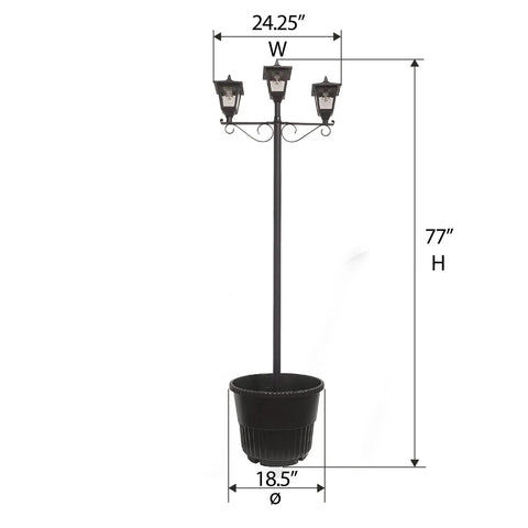 Outdoor Solar Lamp Post With Triple Head LED Lanterns And Planter Base Black Sun Powered Light dimensions