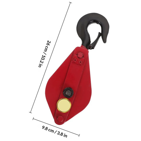 Beefed Up Heavy Duty Lifting Cable Pulley Block For Hauling And Towing Half Ton Capacity Side Opening Design 360 Degree Rotatable Hook Iron Wire Rope Crane Pulley Wheel Smooth Operation And Easy Load Handling, red 26 cm pulley with black hook