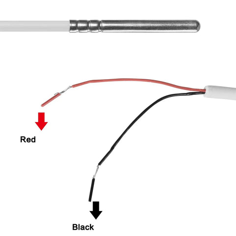 Close-up of 10K NTC Thermistor Waterproof Temperature Sensor Probe with 0.5m silicone cable, showing red and black wire ends.