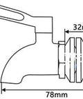 Slick Single Handle Faucet For Wine Barrels And Glass Jugs diagram with measurements 58mm height, 78mm width, 32mm spout.