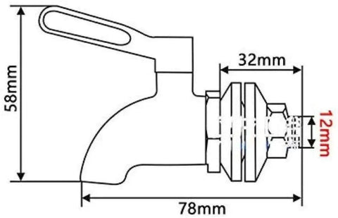 Slick Single Handle Faucet For Wine Barrels And Glass Jugs diagram with measurements 58mm height, 78mm width, 32mm spout.