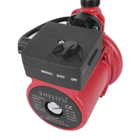 Heavy Duty Cast Iron Pressure Booster Pump With Automatic Hot Water Recirculation System 3/4 Inch Outlet 115V 60Hz Copper Motor close-up view with control panel.