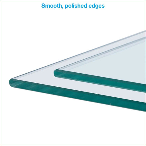 Tempered Glass Shelf Set of 2 12 Inch Wide by 24 Inch Long Three Sixteenth Inch Thick Clear Shelves for Bathroom Kitchen Cabinets Durable Sleek Dope Storage Solution, close-up of smooth polished edges