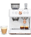 Next Level Semi Automatic Espresso Machine With Badass Built In Grinder And Silky Milk Frother Featuring WiFi App Control Custom Drinks 15 Bar Pump 95 Oz Water Tank Matte White Copper Accents with espresso shots and frothy coffee.