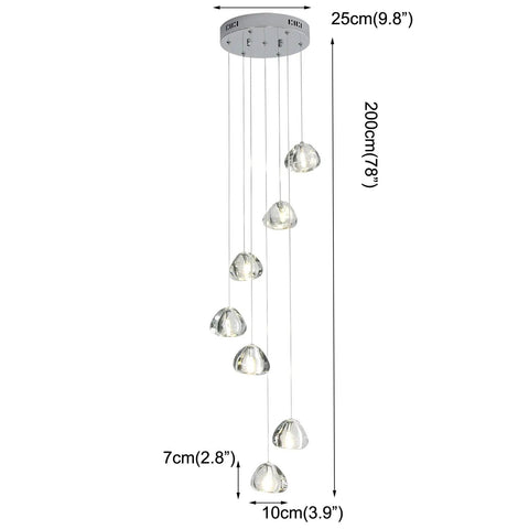 Modern LED Crystal Chandelier Pendant Lighting With Seven Lights In Chrome Finish, adjustable height to 78 inches, front view.