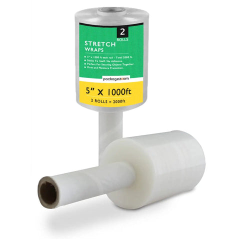 Two Pack Five Inch Mini Hand Stretch Wrap Rolls, 1000 Feet Each, Industrial Strength Clear Plastic Wrap For Moving And Packing, 55 Gauge Shrink Wrap