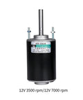 Side view of a 12V 3500 RPM/12V 7000 RPM black metal DC motor, labeled XD-3420, for home automation and small machinery projects.