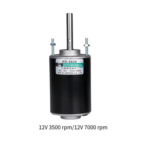 Side view of a 12V 3500 RPM/12V 7000 RPM black metal DC motor, labeled XD-3420, for home automation and small machinery projects.
