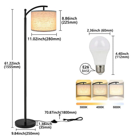 Tall Industrial Floor Lamp With 3 Color Temperatures, 9W LED Bulb Included, Black Finish, Beige Lampshade Included schematic height