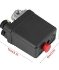 Air Compressor Pressure Switch With Red On Off Knob Durable Four Port Inlet Easy Install High Performance PSI Control For Home Shop Projects And DIY Reliable, black rectangular unit with labeled dimensions.